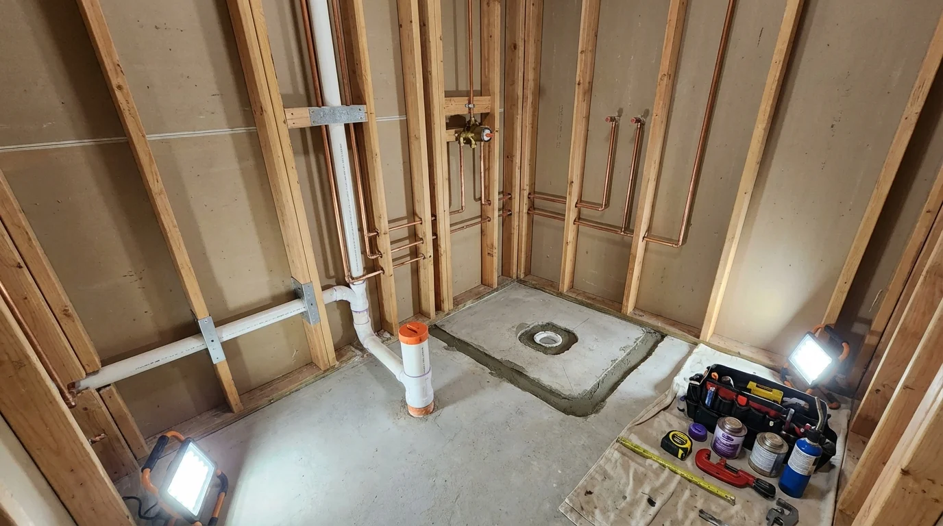 Bathroom rough-in plumbing during remodel by Johns Plumbing LLC in Halifax