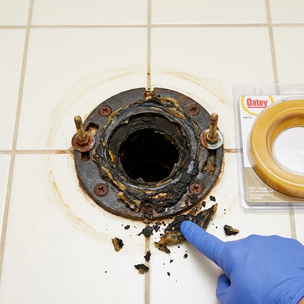 Failed wax ring showing water seepage at the base of a toilet in a Halifax, VA home