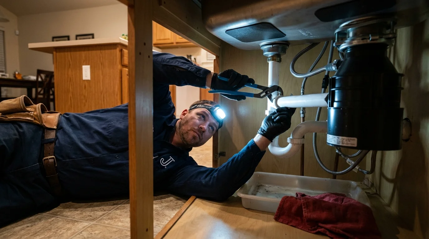 P-trap and supply line connections under a kitchen sink showing a common leak point in Halifax, VA